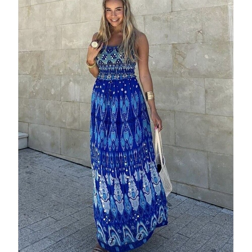 ZARA $89 BLUE PRINTED DRAWSTRING MIDI SKIRT SEQUIN 6895/075 XS M XL NWT
